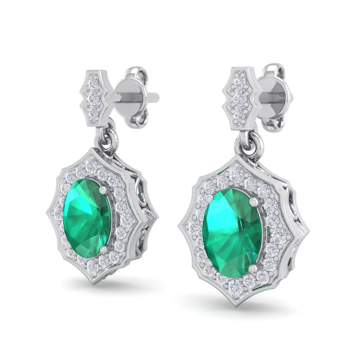 1 3/4 Carat Oval Shape Emerald And Diamond Dangle Earrings In 14 Karat White Gold