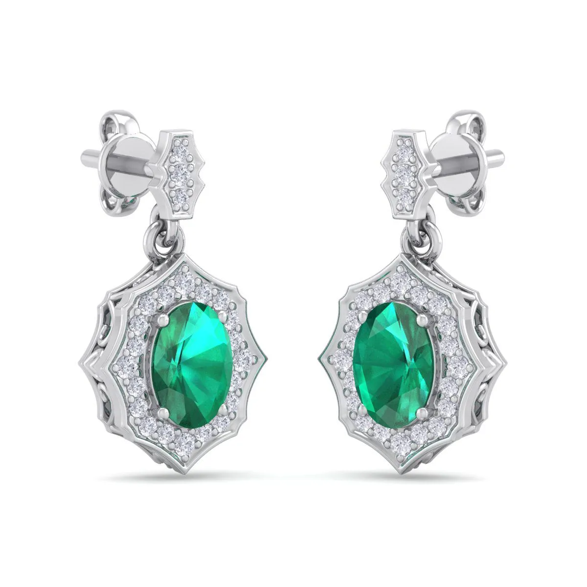 1 3/4 Carat Oval Shape Emerald And Diamond Dangle Earrings In 14 Karat White Gold