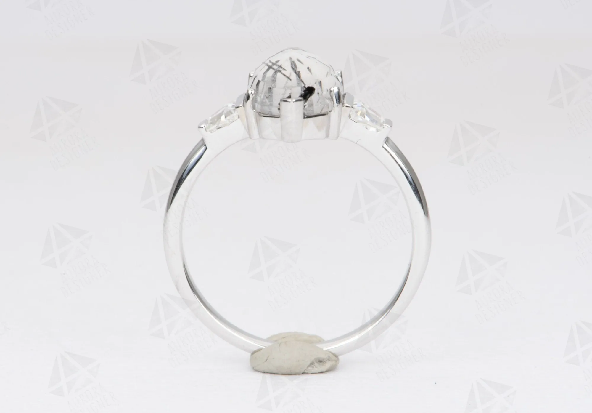 2.05ct Tourmalated Quartz Engagement Ring 14K White Gold Trapezoid Moissanite Sides Unique AD2238