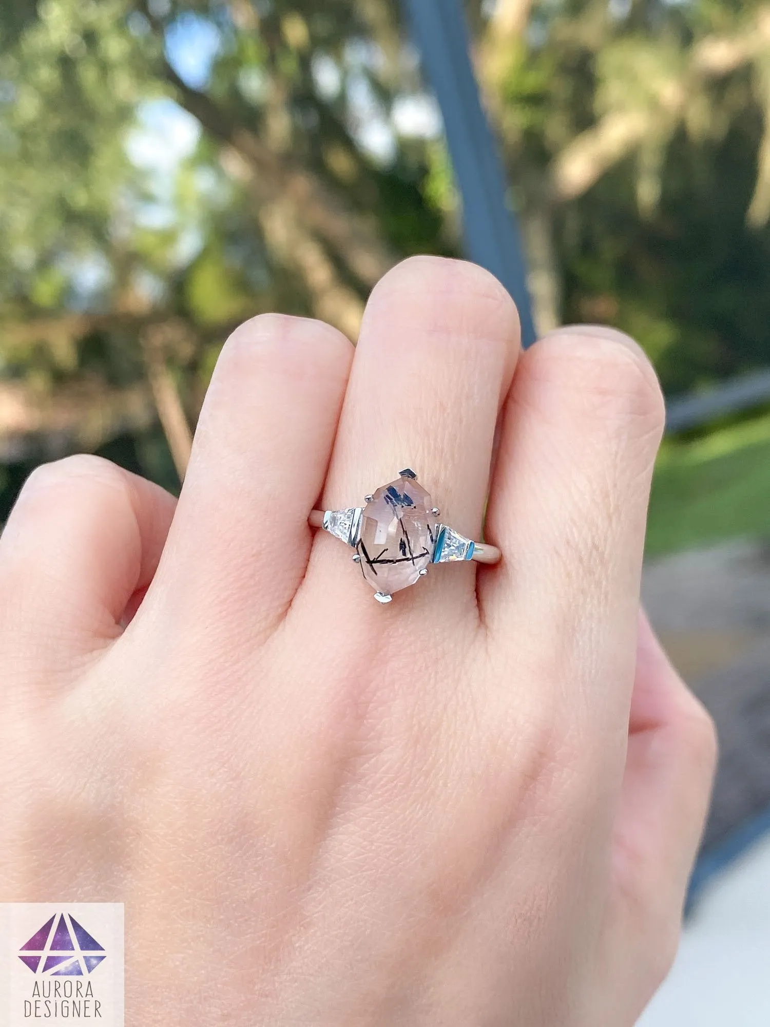 2.05ct Tourmalated Quartz Engagement Ring 14K White Gold Trapezoid Moissanite Sides Unique AD2238