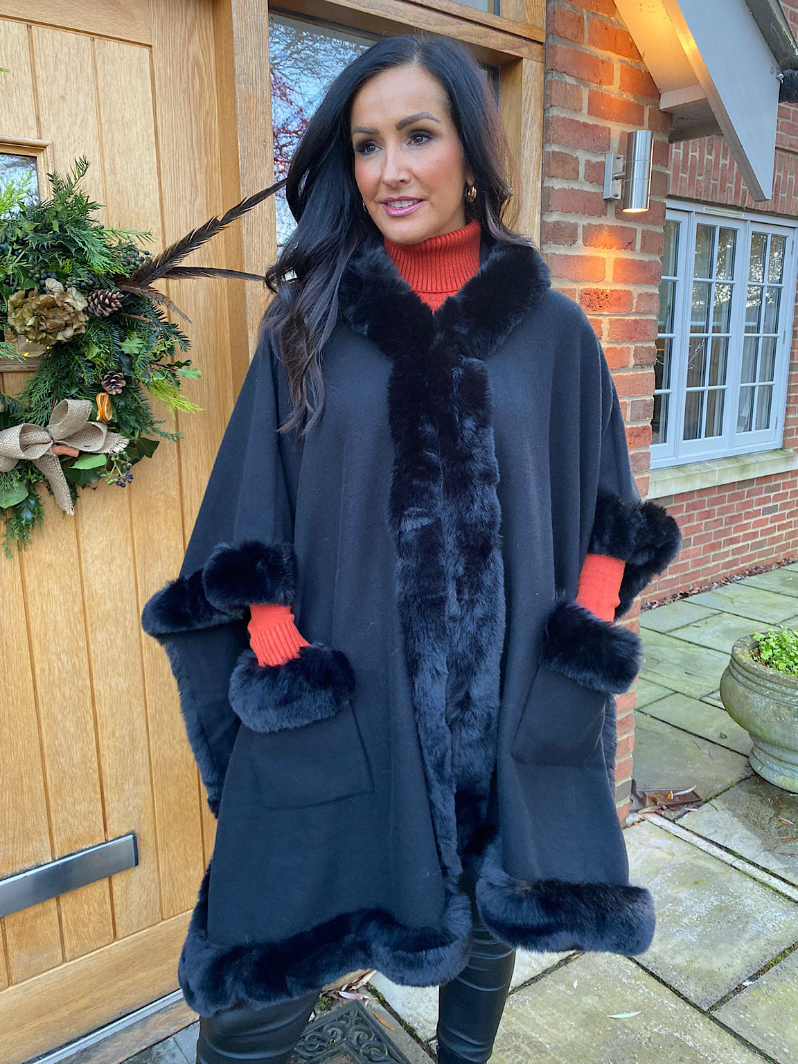 Black Faux Fur Hooded Cape Saffrey