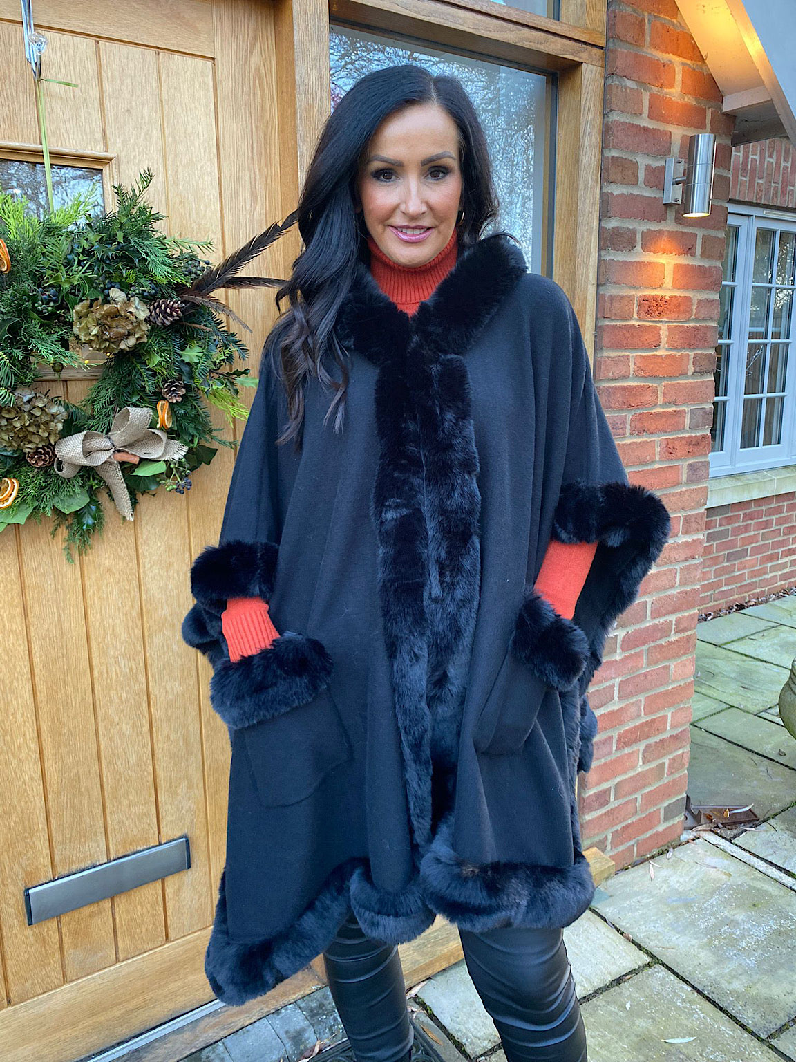 Black Faux Fur Hooded Cape Saffrey