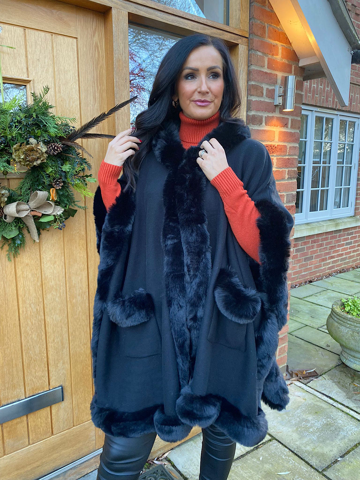 Black Faux Fur Hooded Cape Saffrey