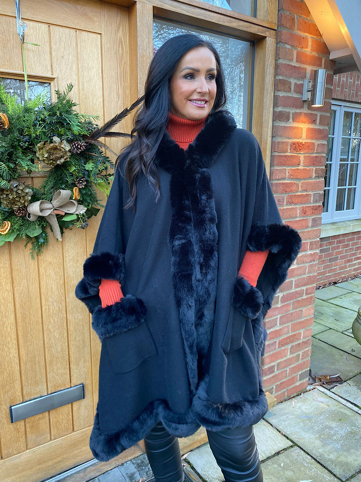 Black Faux Fur Hooded Cape Saffrey