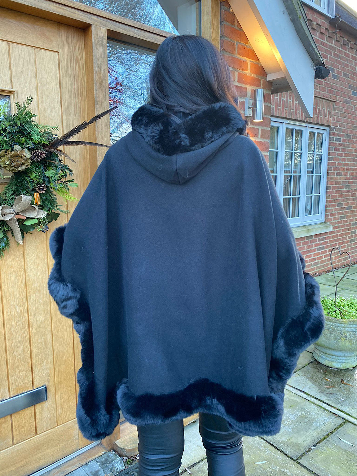 Black Faux Fur Hooded Cape Saffrey