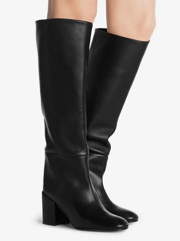 Black Knee High Boots Pointed Toe Block Heel Boots