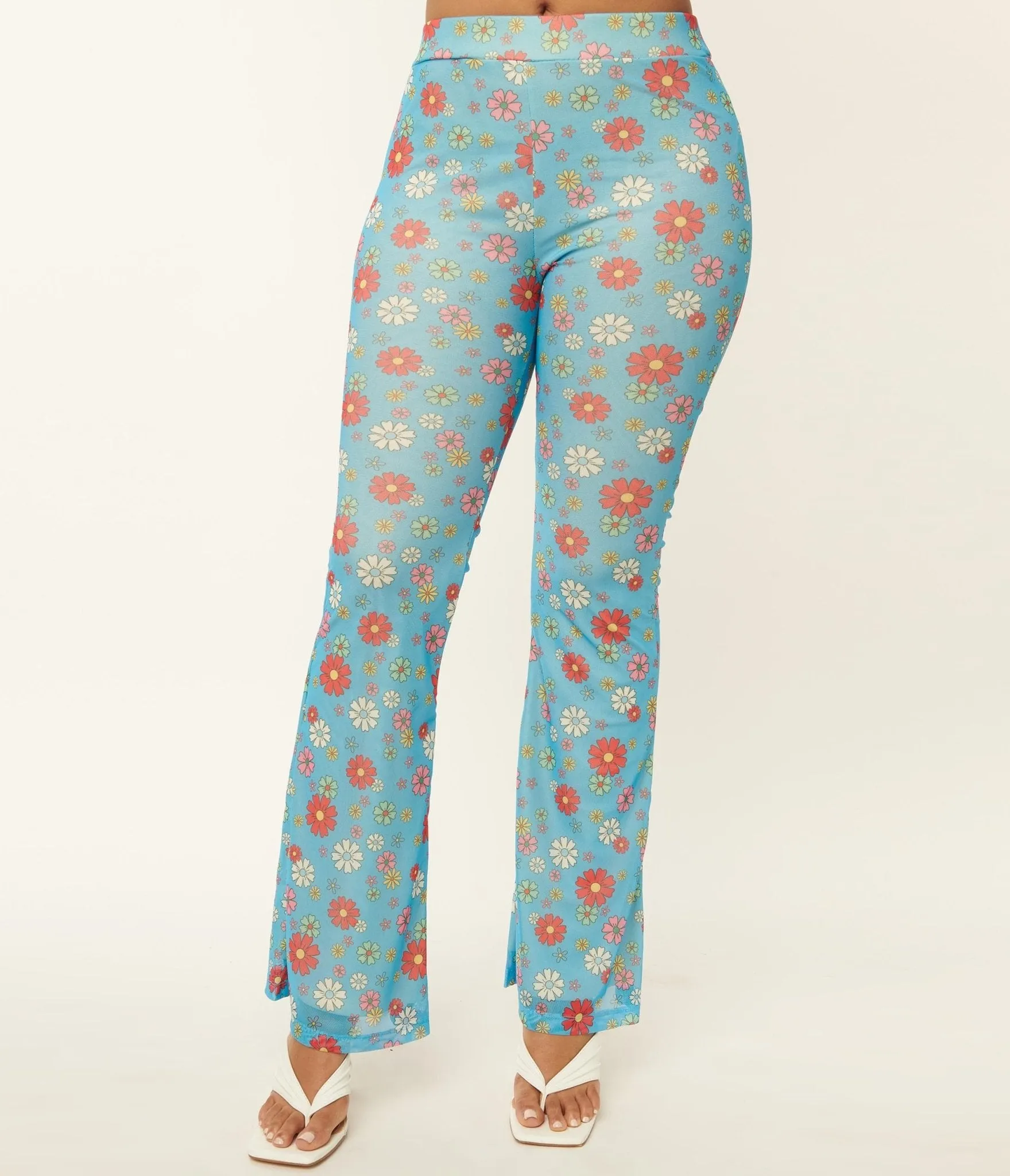 Blue & Multicolor Floral Mesh Flare Pants