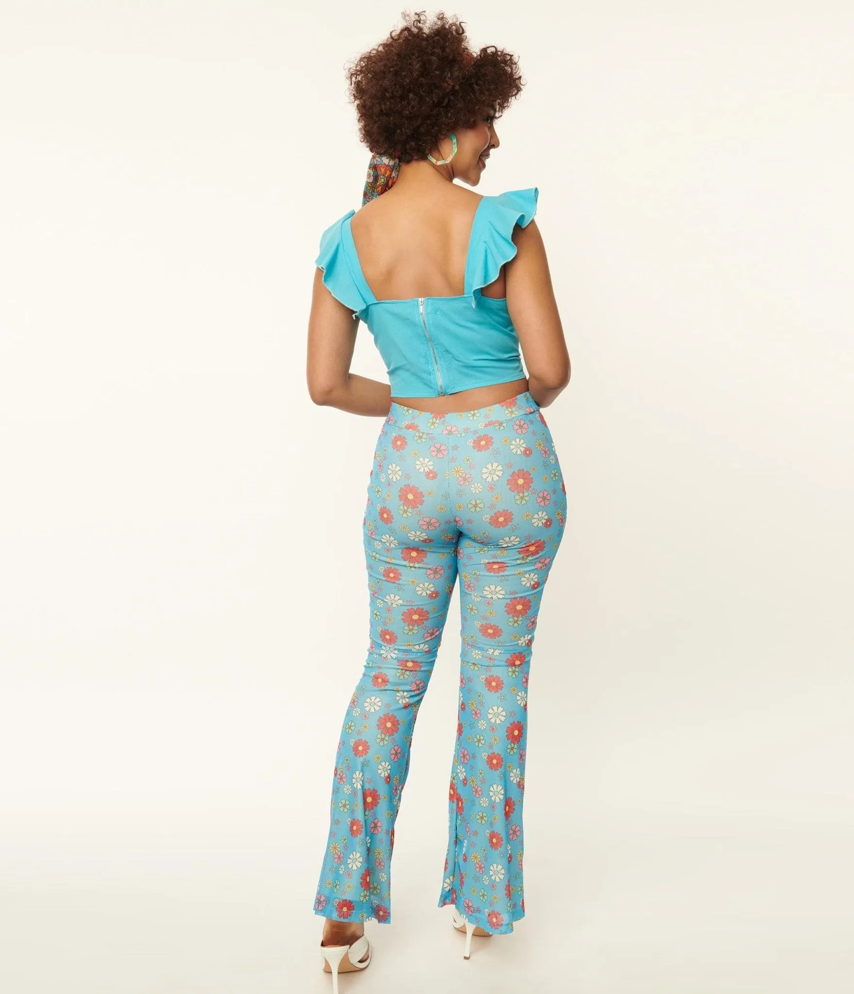 Blue & Multicolor Floral Mesh Flare Pants