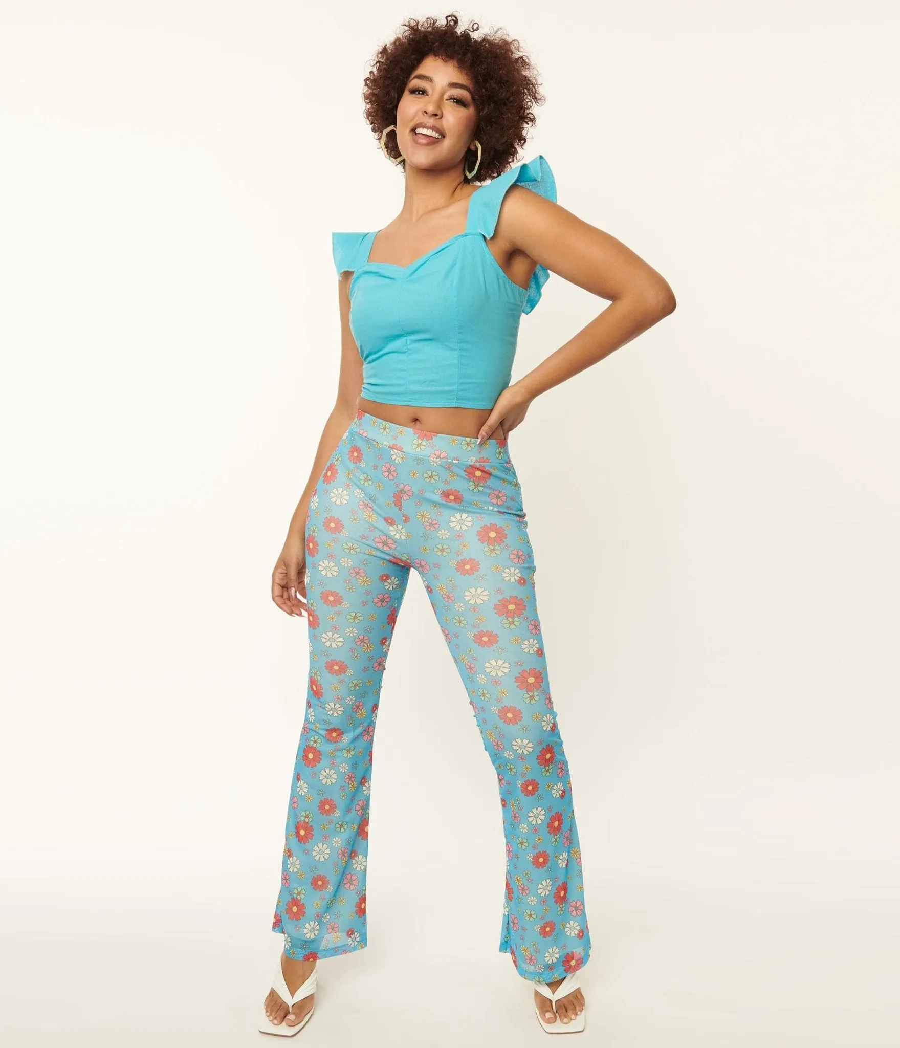 Blue & Multicolor Floral Mesh Flare Pants