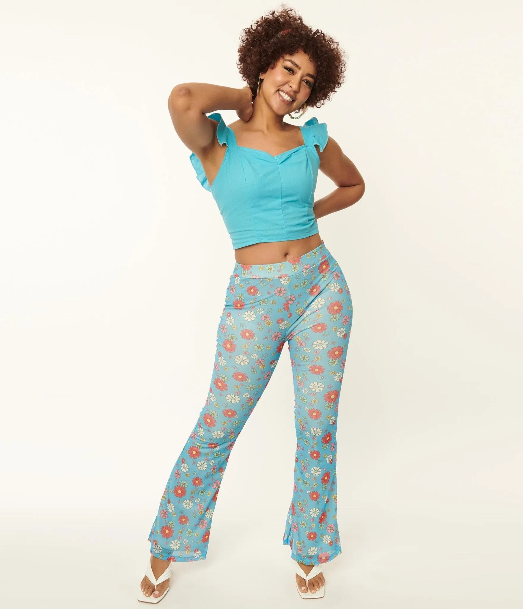 Blue & Multicolor Floral Mesh Flare Pants