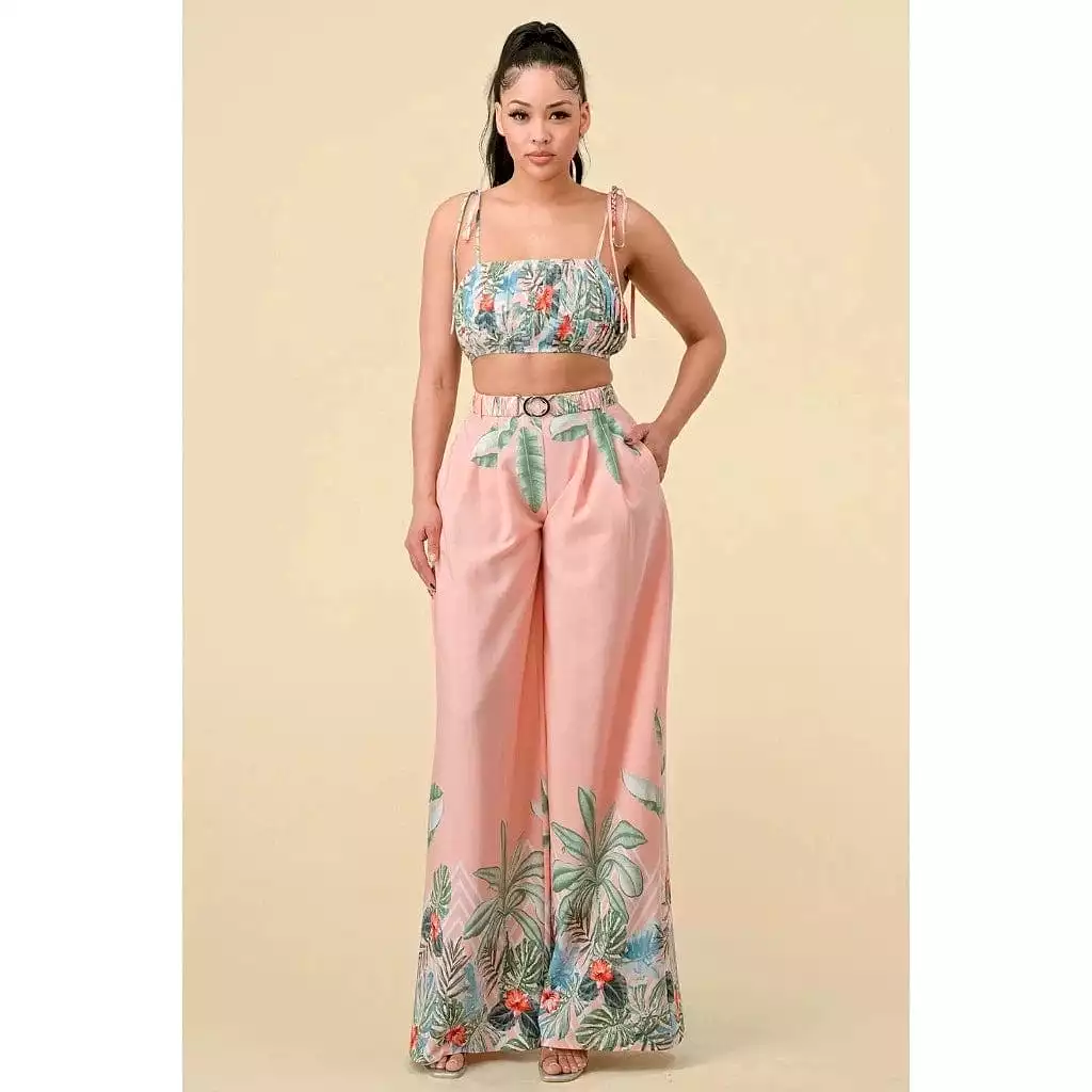 Boader Pleated Floral Pant Set - Pink