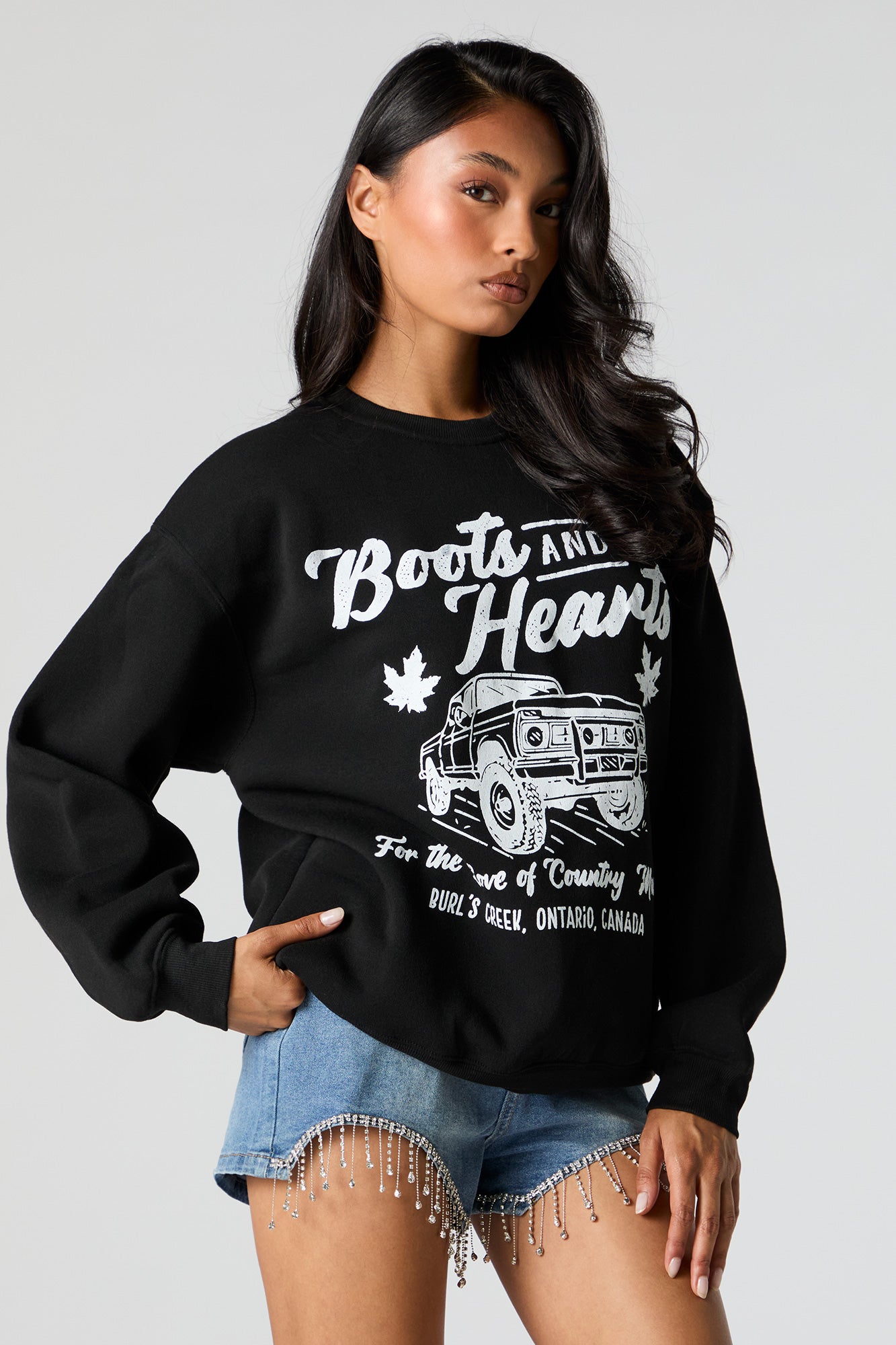 Boots and Hearts Graphic Black Fleece Sweatshirt