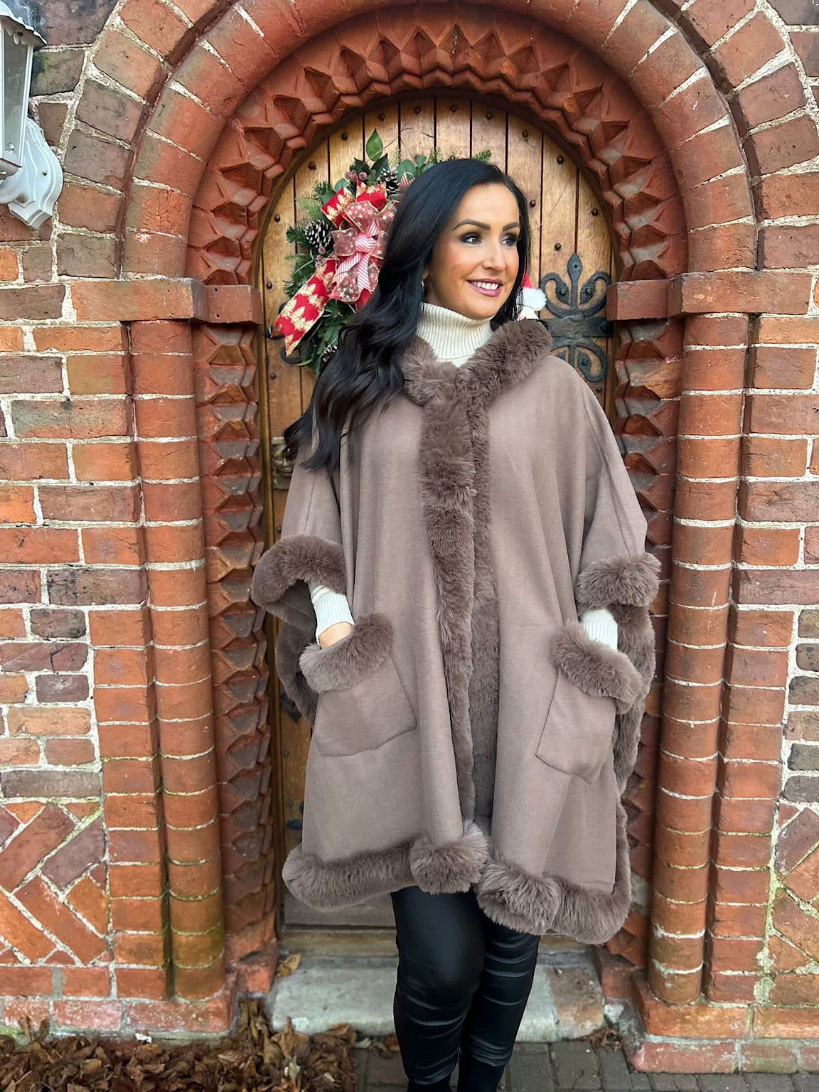 Chocolate Faux Fur Hooded Cape Saffrey