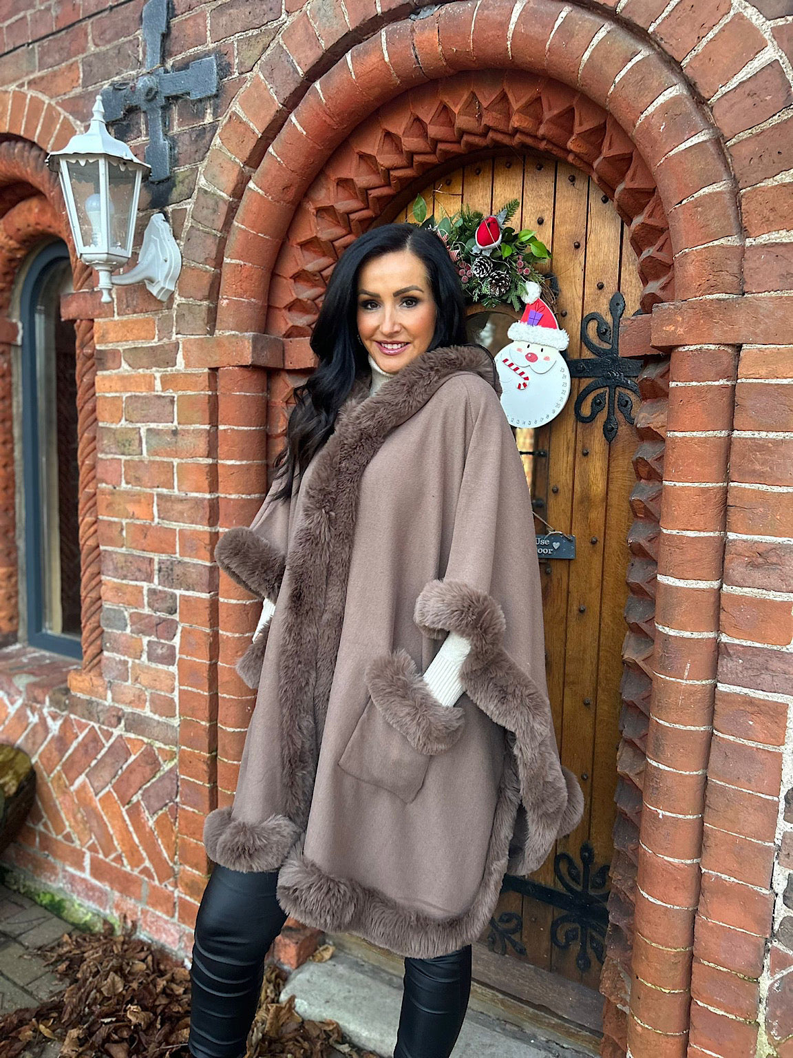 Chocolate Faux Fur Hooded Cape Saffrey