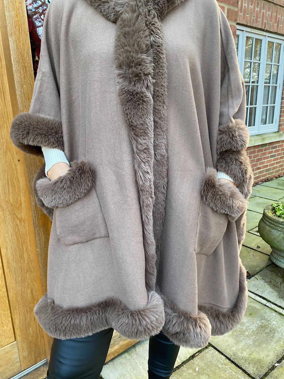 Chocolate Faux Fur Hooded Cape Saffrey