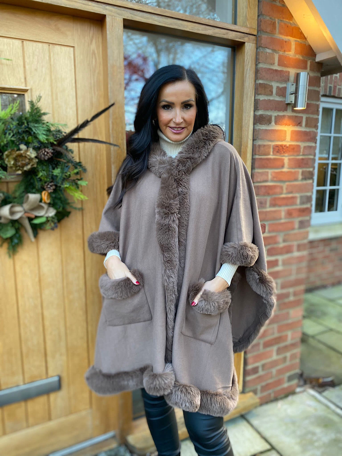 Chocolate Faux Fur Hooded Cape Saffrey