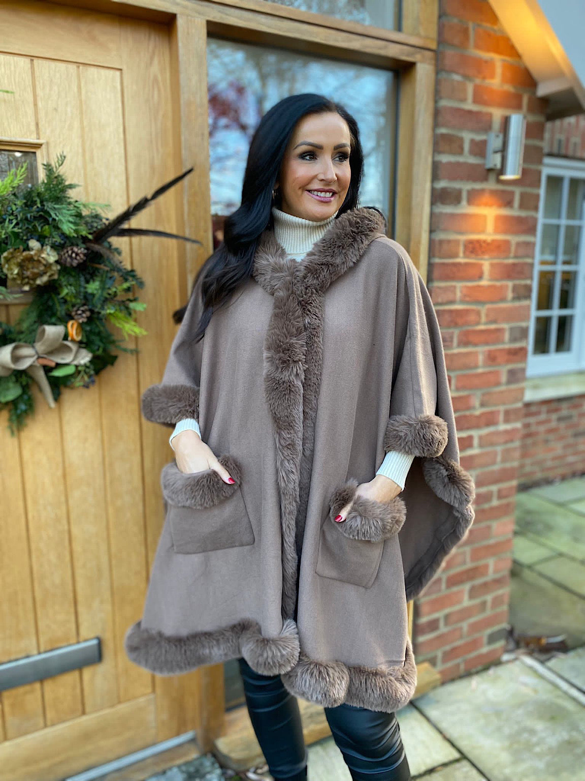 Chocolate Faux Fur Hooded Cape Saffrey