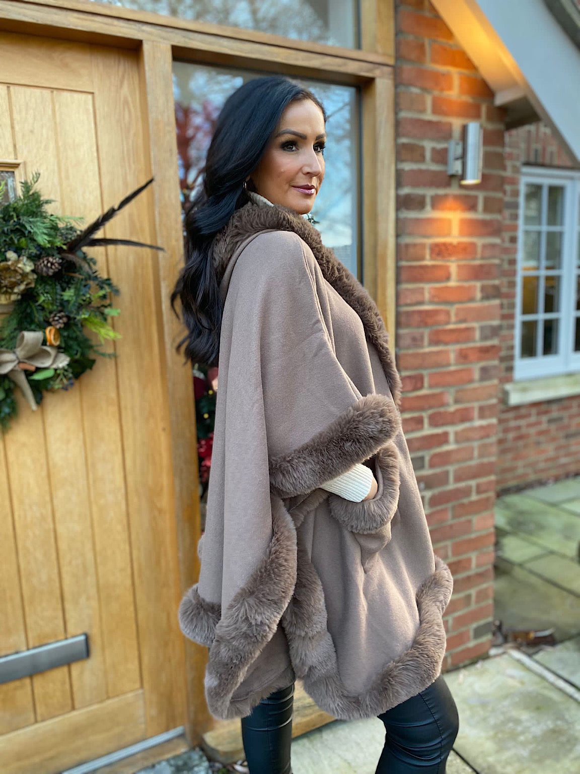 Chocolate Faux Fur Hooded Cape Saffrey