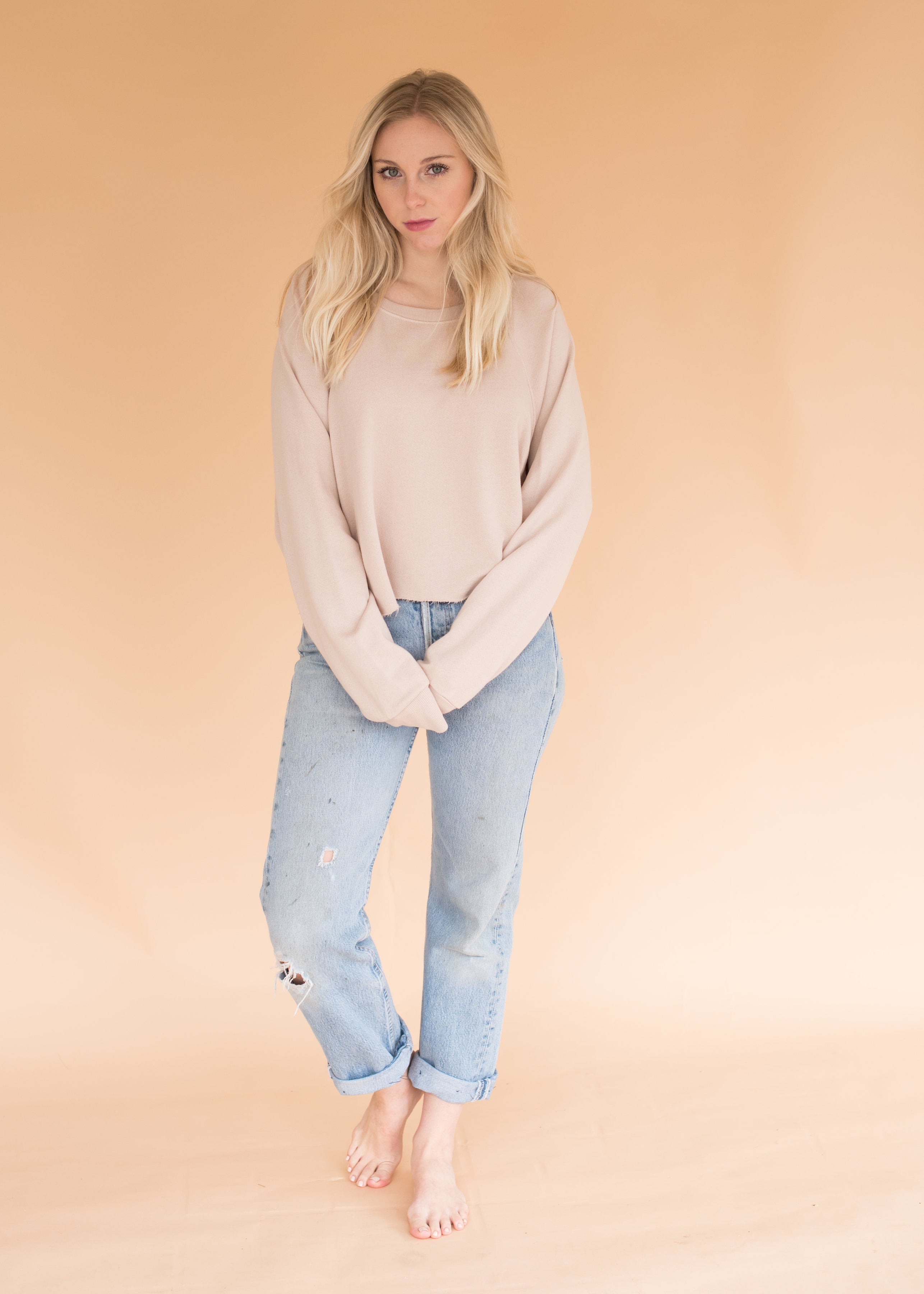 Cozy Nude Long Sleeve Cropped Sweatshirt