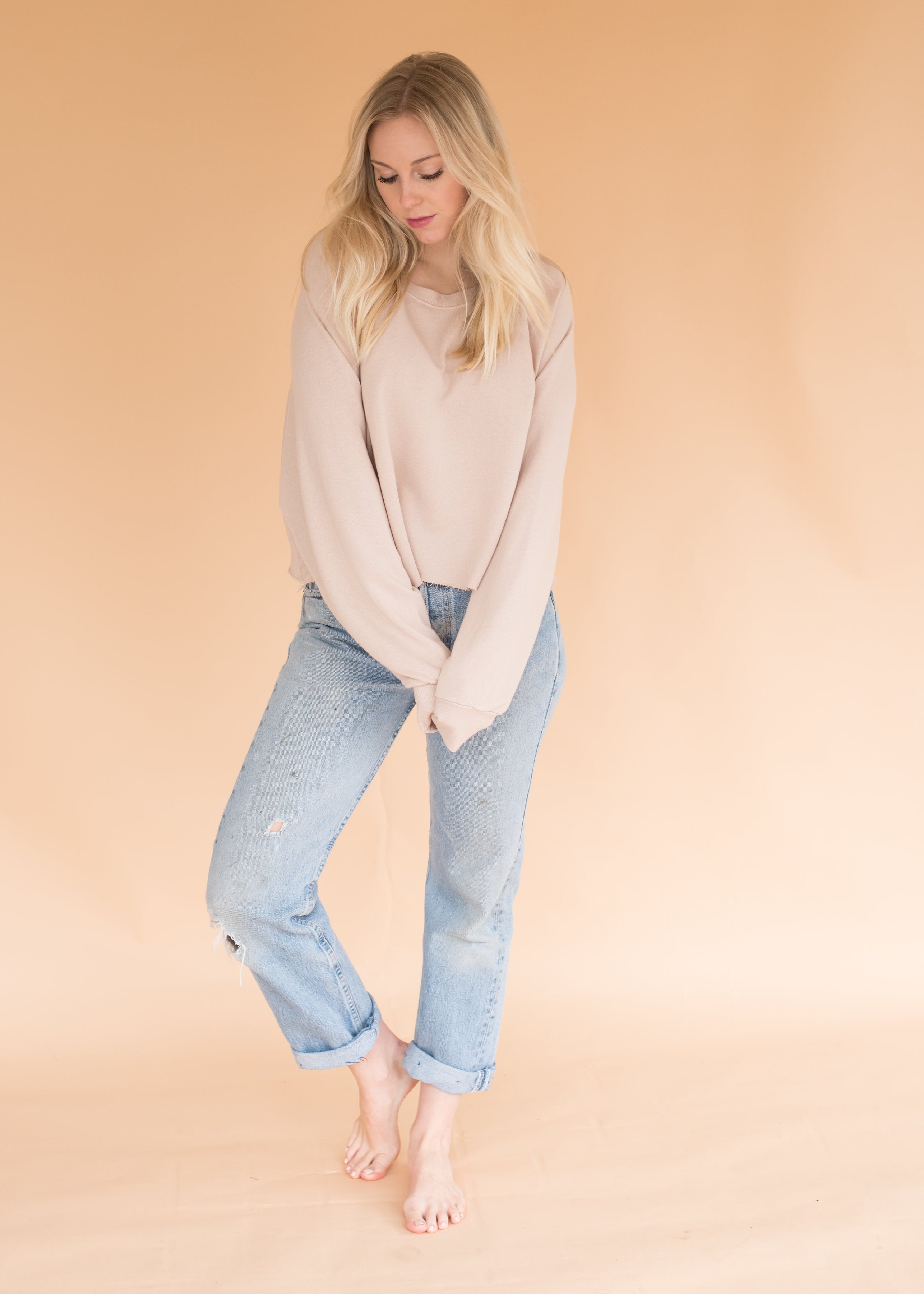 Cozy Nude Long Sleeve Cropped Sweatshirt