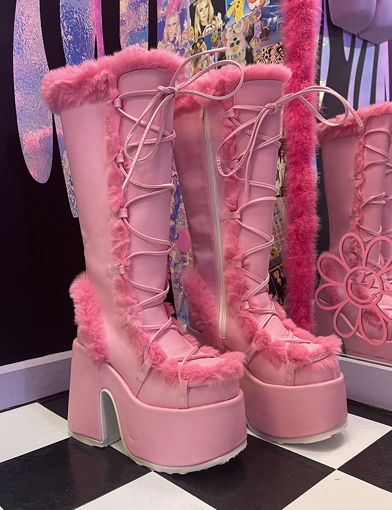 DEMONIA CAMEL 311 PLATFORM BOOTS - PINK/HOT PINK FUR