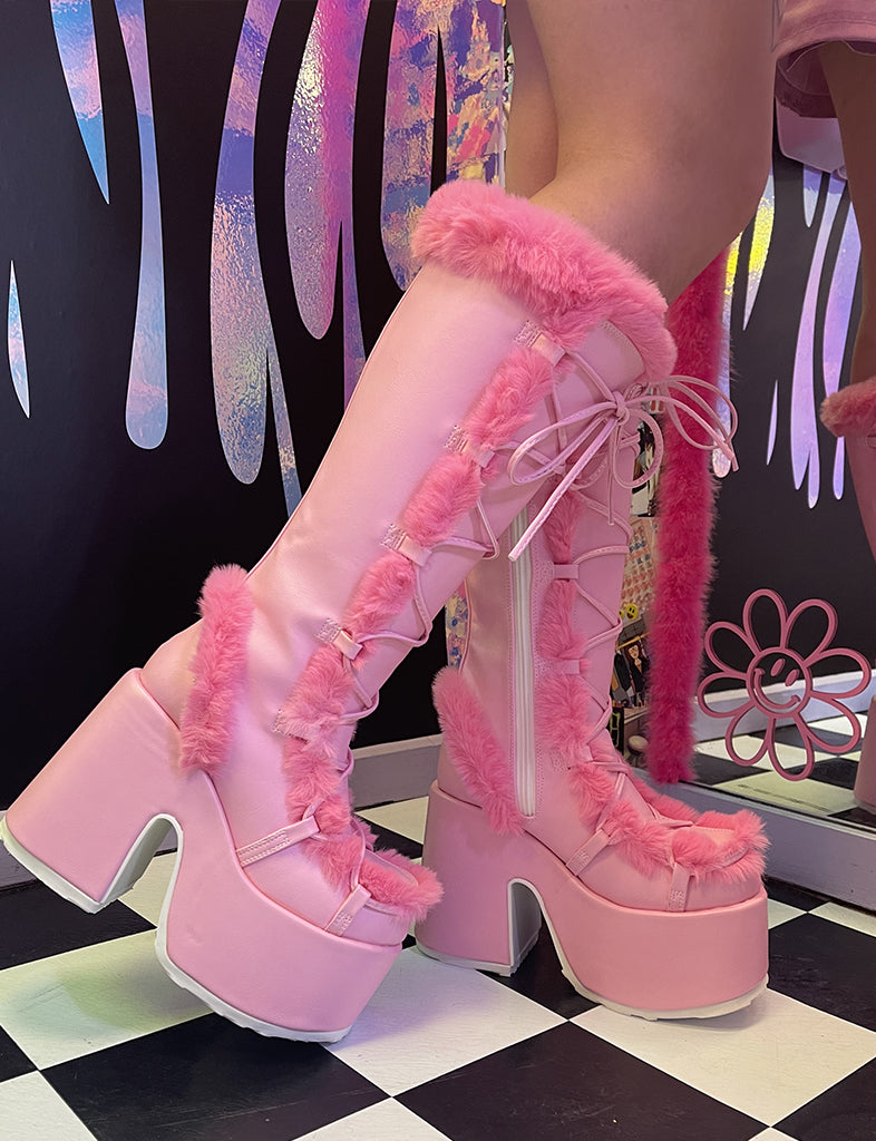 DEMONIA CAMEL 311 PLATFORM BOOTS - PINK/HOT PINK FUR