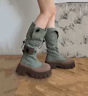 Denim Green Boots, Round Head Knee-High Boots for Women, Chunky Platform Combat Boots, Thick Sole Round Toe Drawstring Design Br