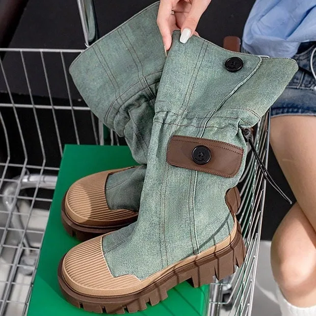 Denim Green Boots, Round Head Knee-High Boots for Women, Chunky Platform Combat Boots, Thick Sole Round Toe Drawstring Design Br