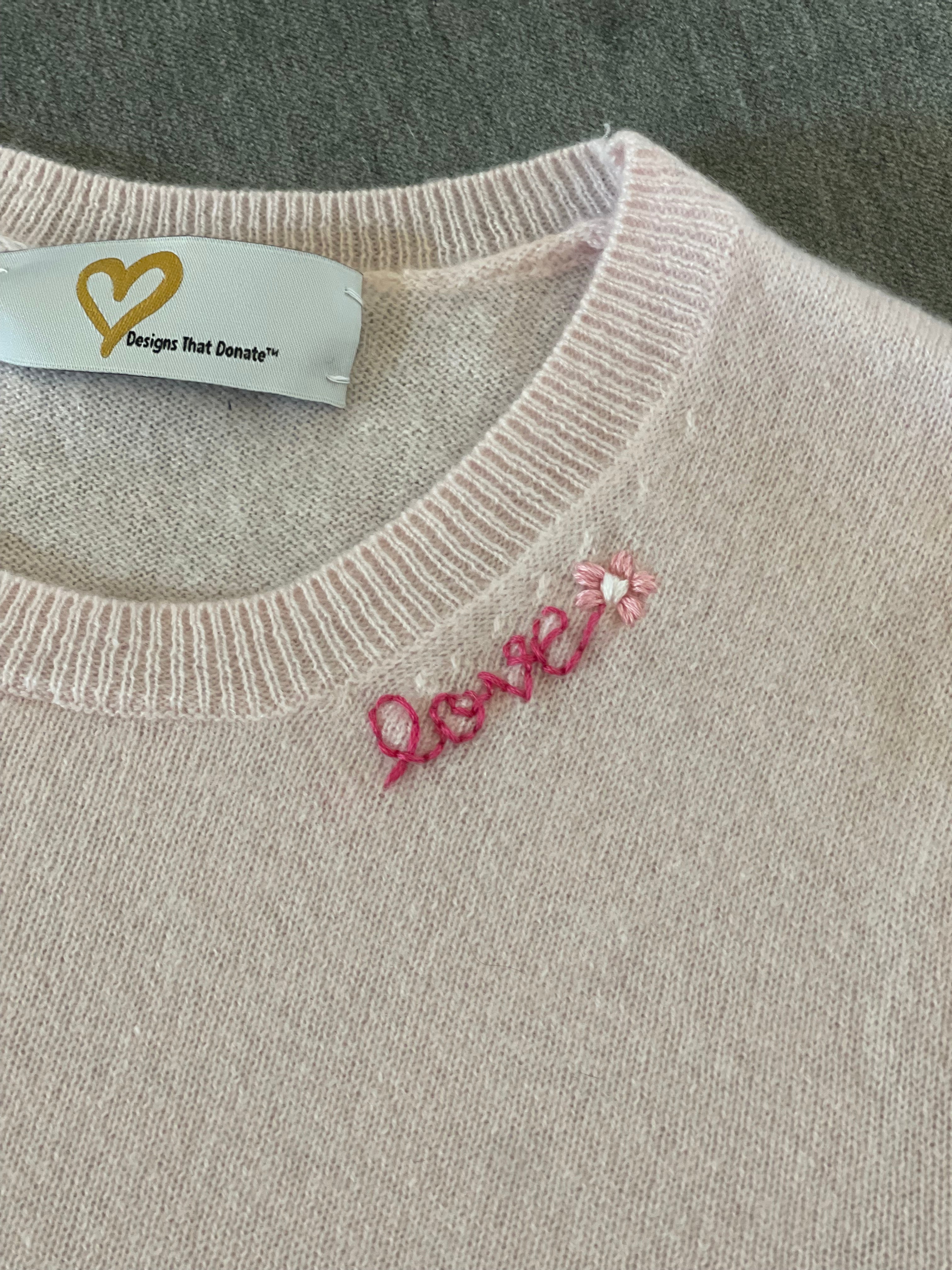 DTD Pink Long Sleeve Cashmere Sweater with hand embroidered Love & Flower on neck