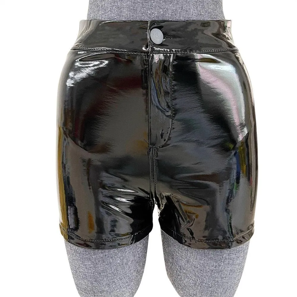 Elastic High Waist Wet Look Faux PU Leather Short