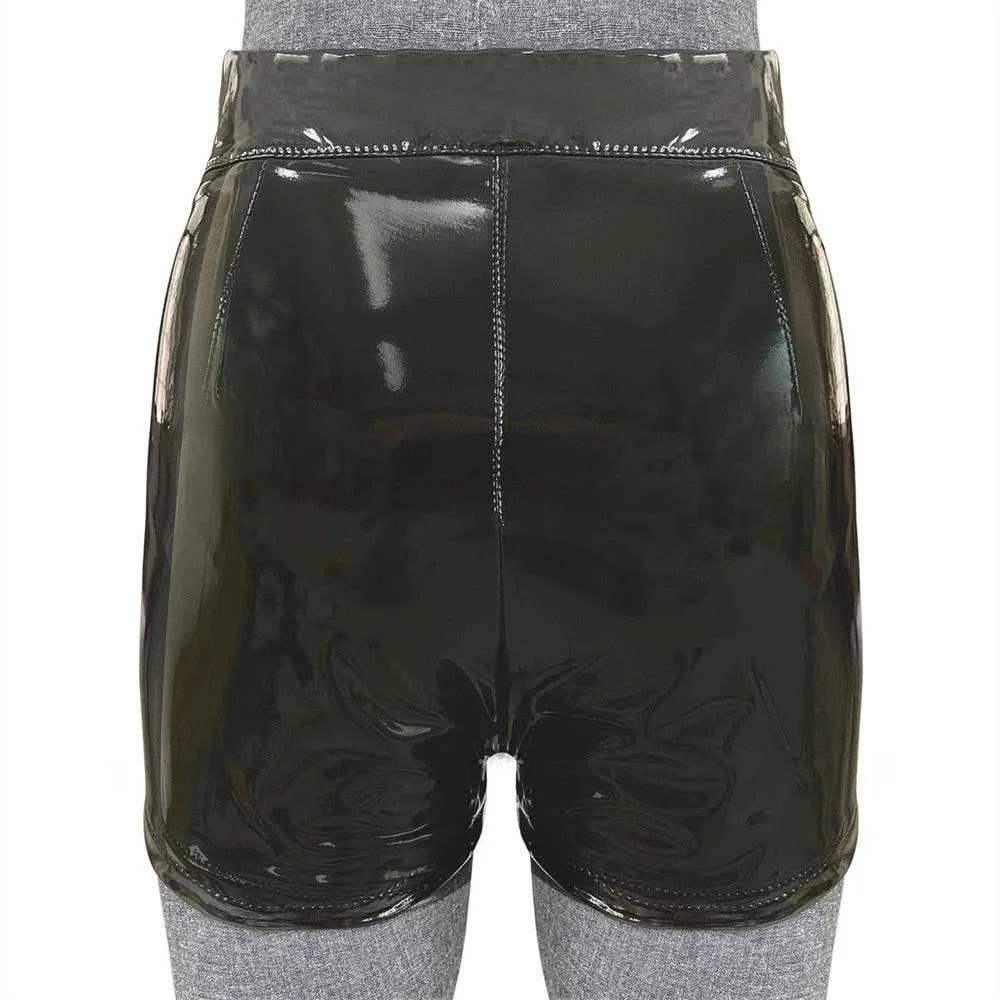 Elastic High Waist Wet Look Faux PU Leather Short