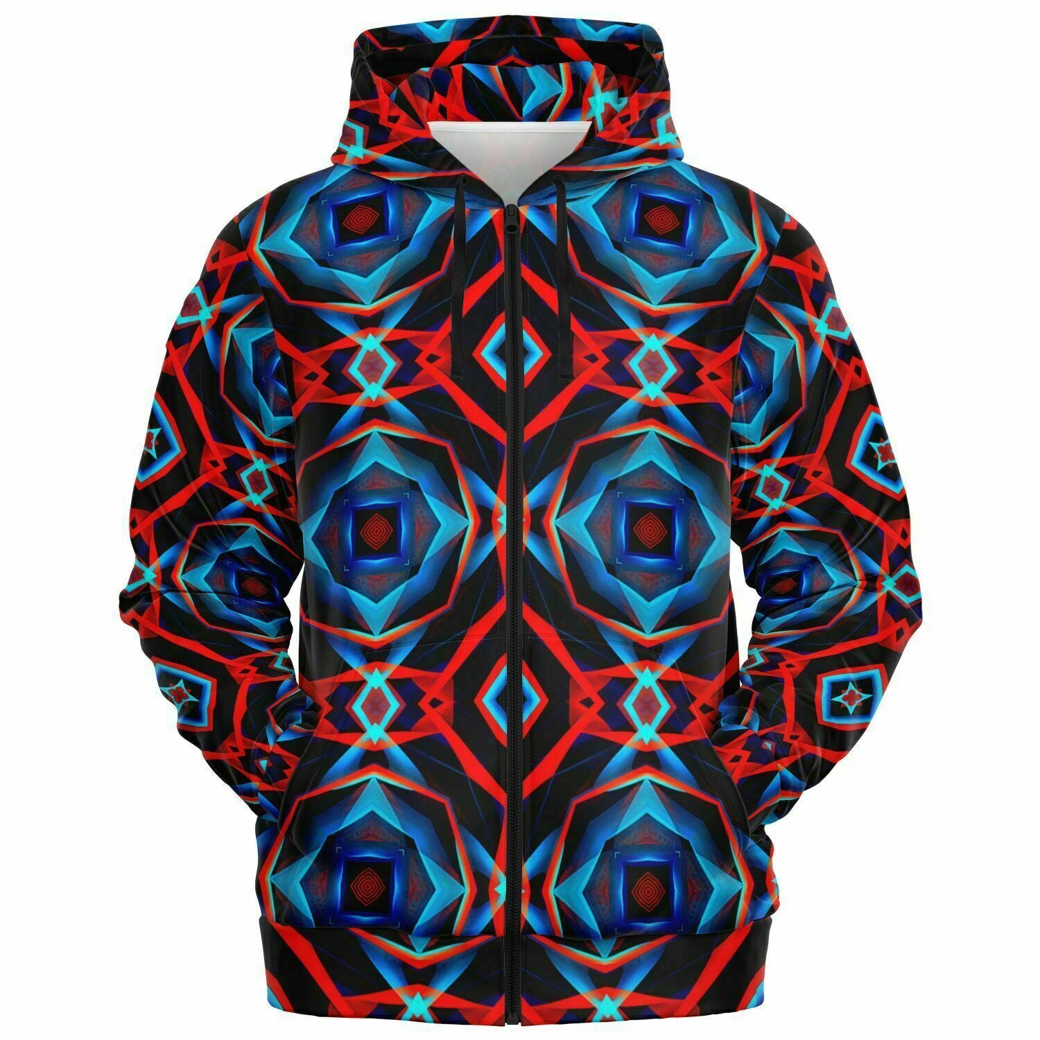 Electric Blue, Red and Black Abstract Pattern Zip-Up Hoodie