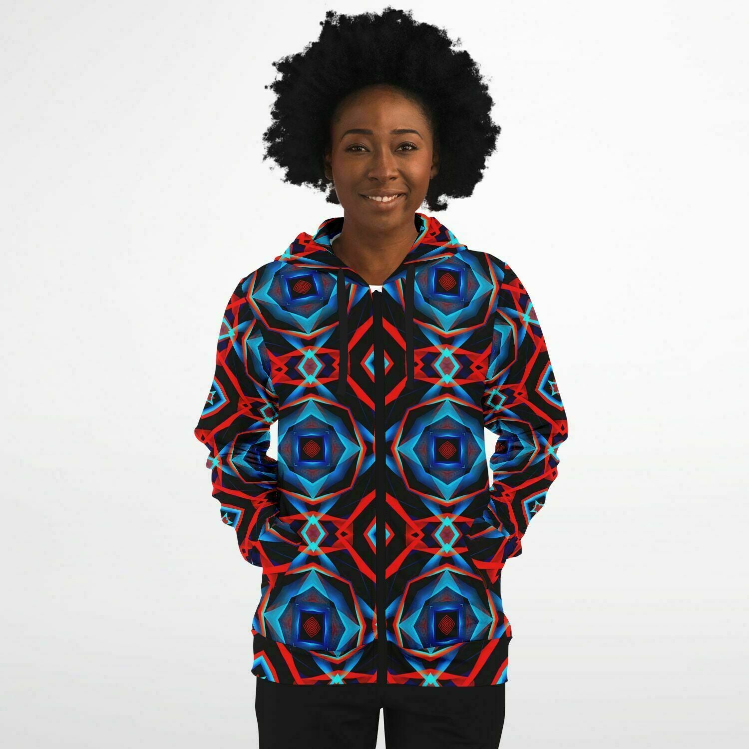 Electric Blue, Red and Black Abstract Pattern Zip-Up Hoodie