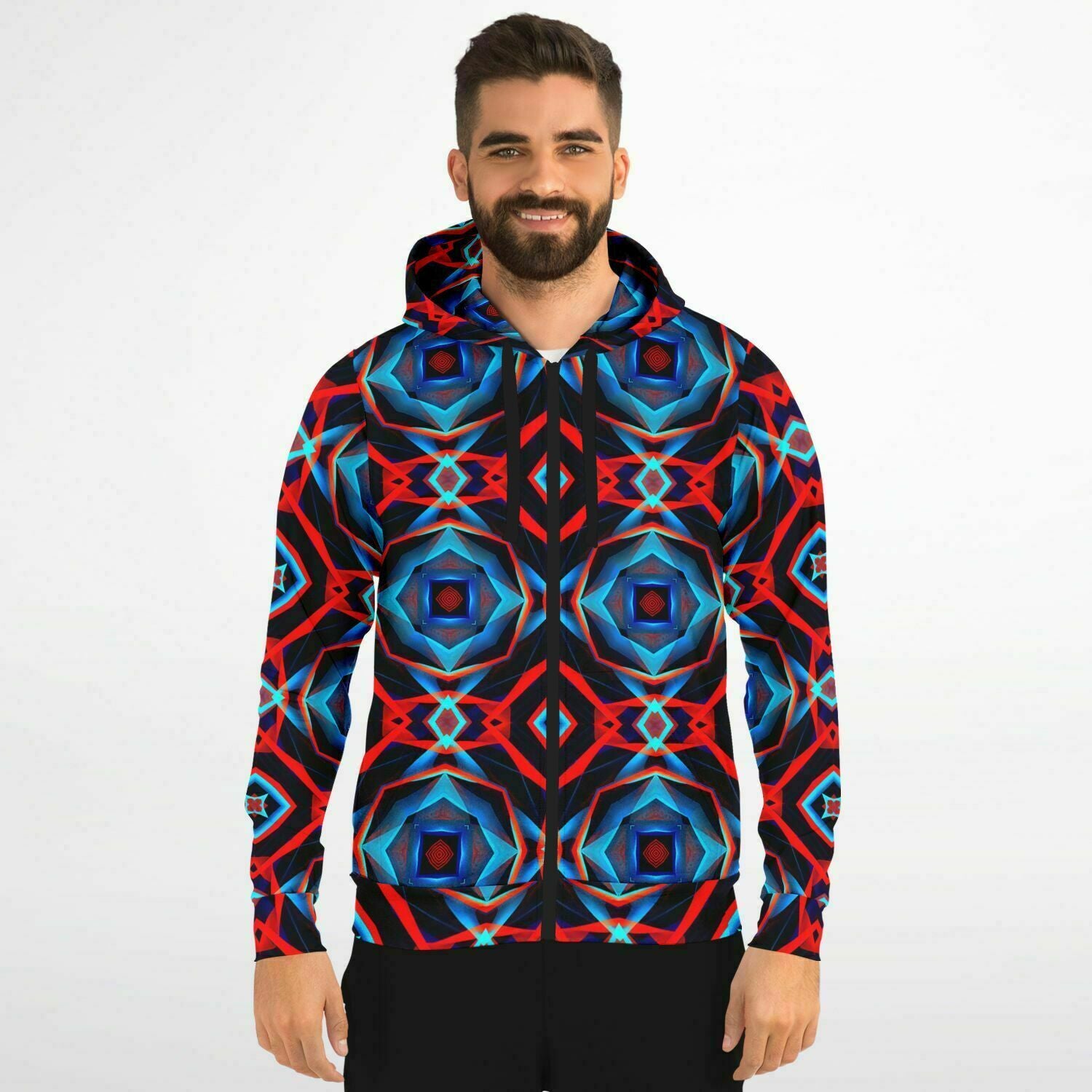 Electric Blue, Red and Black Abstract Pattern Zip-Up Hoodie