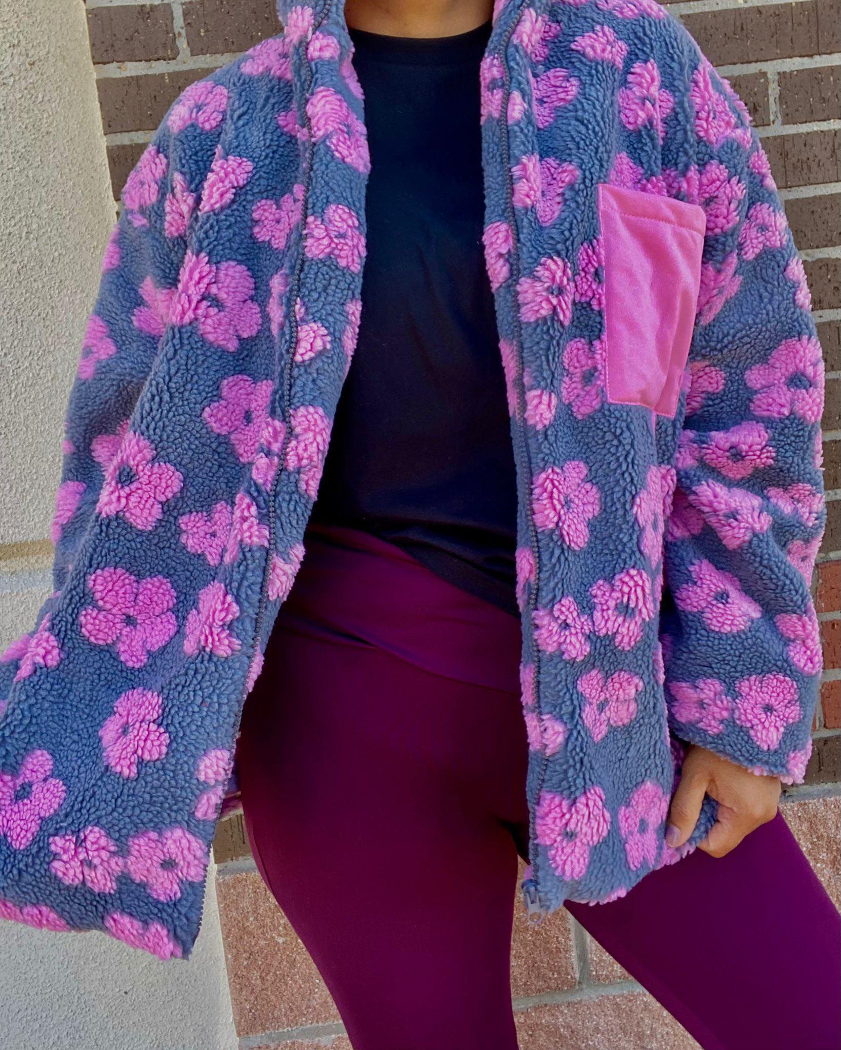 Flower Zip front Sherpa with pink satin linning & pockets