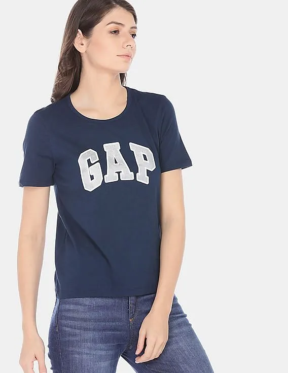 GAP Women Blue Drop Shoulder Boxy Graphic Tee With Rhinestone Highlights