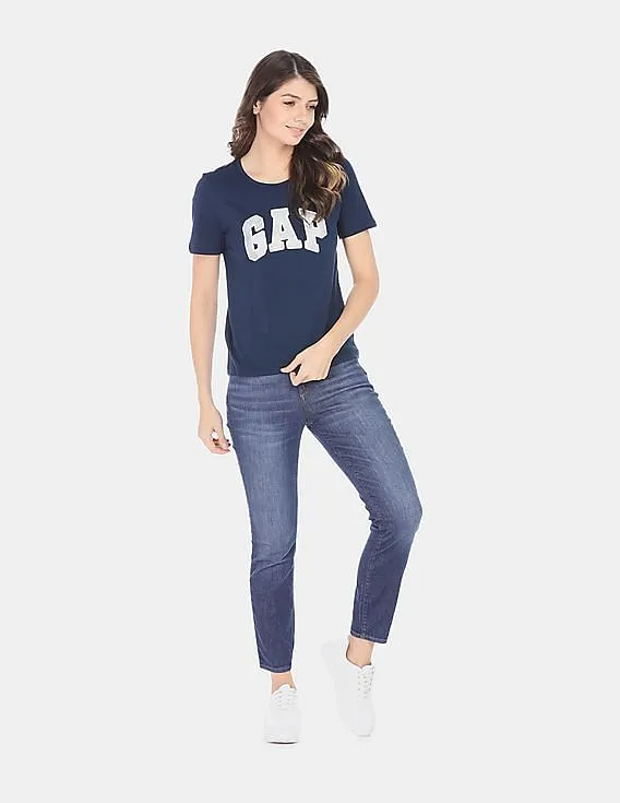 GAP Women Blue Drop Shoulder Boxy Graphic Tee With Rhinestone Highlights