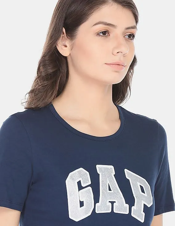 GAP Women Blue Drop Shoulder Boxy Graphic Tee With Rhinestone Highlights