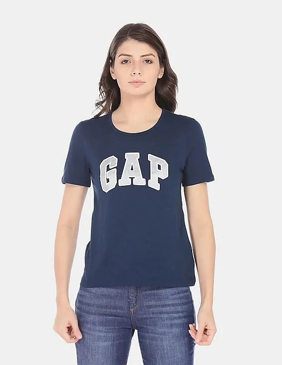 GAP Women Blue Drop Shoulder Boxy Graphic Tee With Rhinestone Highlights