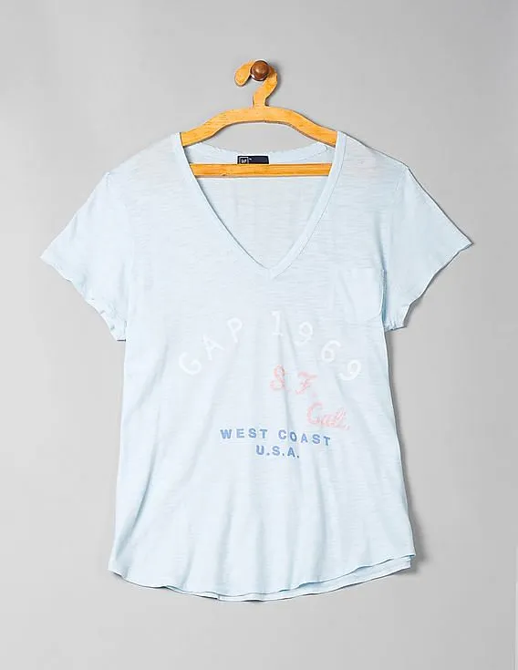 GAP Women Blue V-Neck Graphic Tee