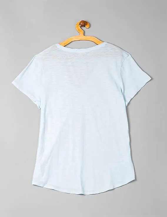 GAP Women Blue V-Neck Graphic Tee