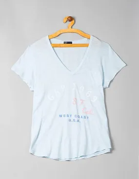 GAP Women Blue V-Neck Graphic Tee