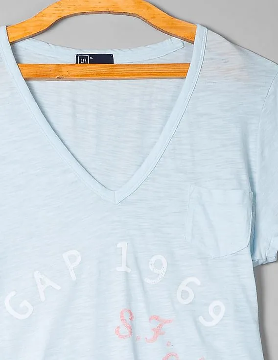 GAP Women Blue V-Neck Graphic Tee