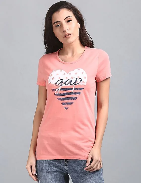 GAP Women Pink Drop Shoulder Boxy Graphic Tee With Rhinestone Highlights