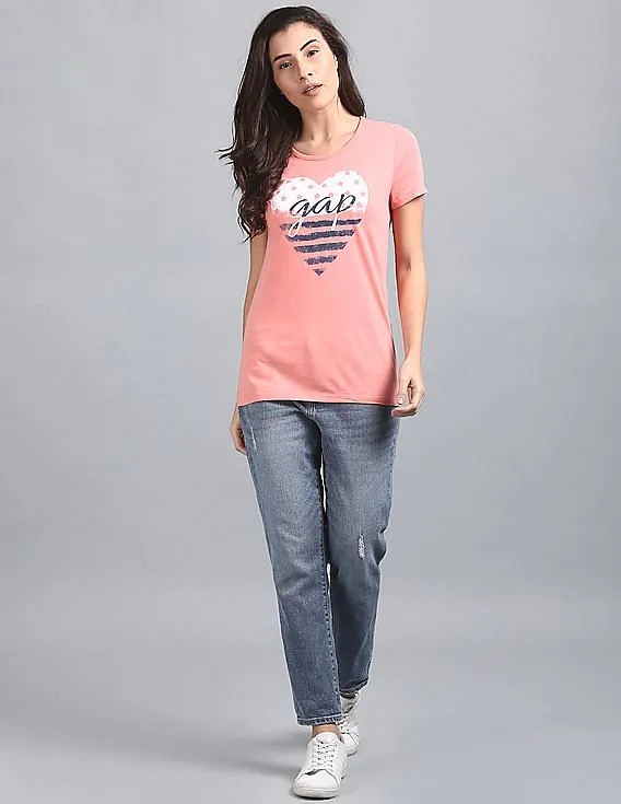 GAP Women Pink Drop Shoulder Boxy Graphic Tee With Rhinestone Highlights