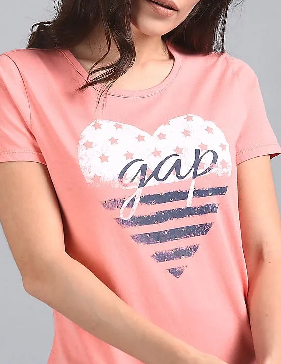 GAP Women Pink Drop Shoulder Boxy Graphic Tee With Rhinestone Highlights