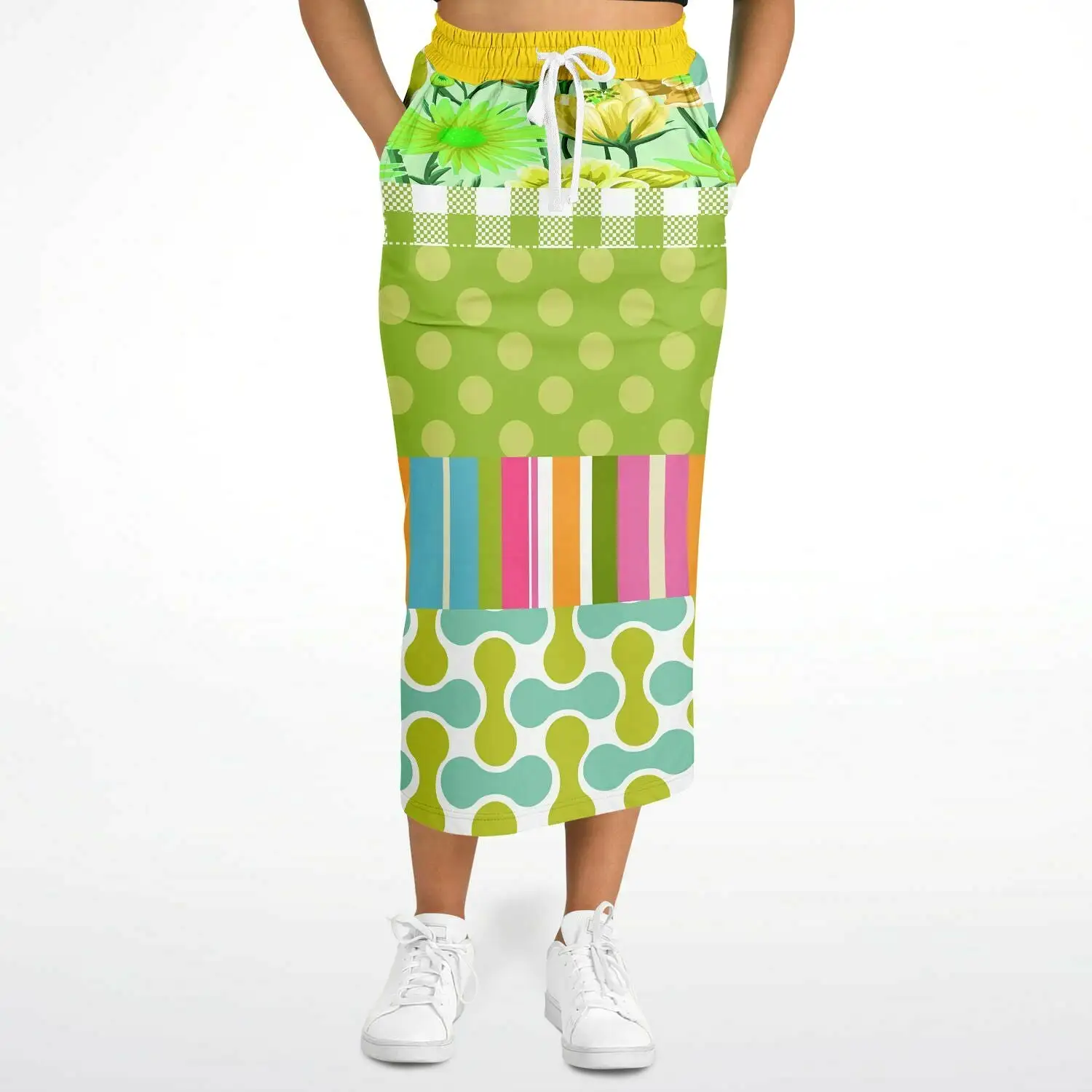 Green Anjou Pear Striped Floral Eco-Poly Long Pocket Skirt