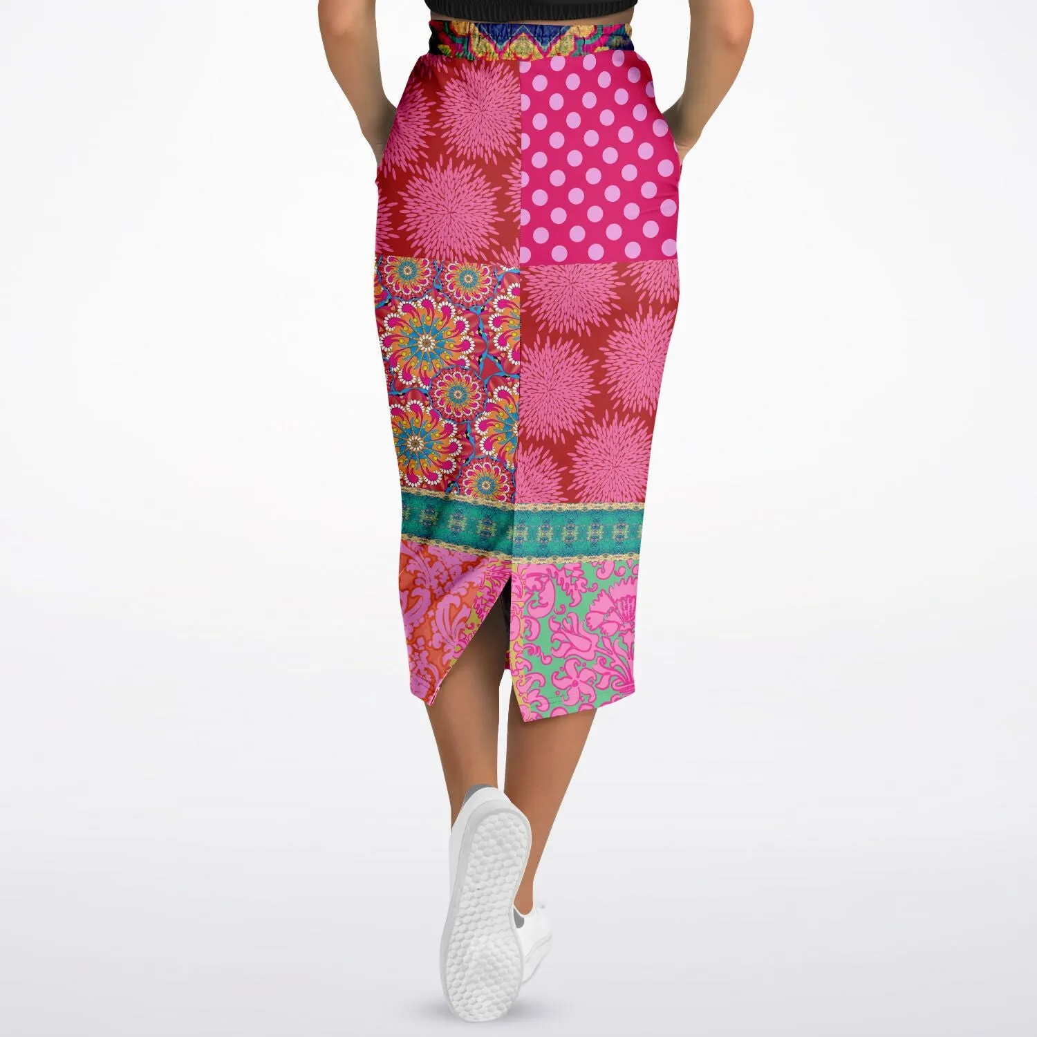 Gypsy Beat Pink Indian Floral Eco-Poly Long Pocket Skirt