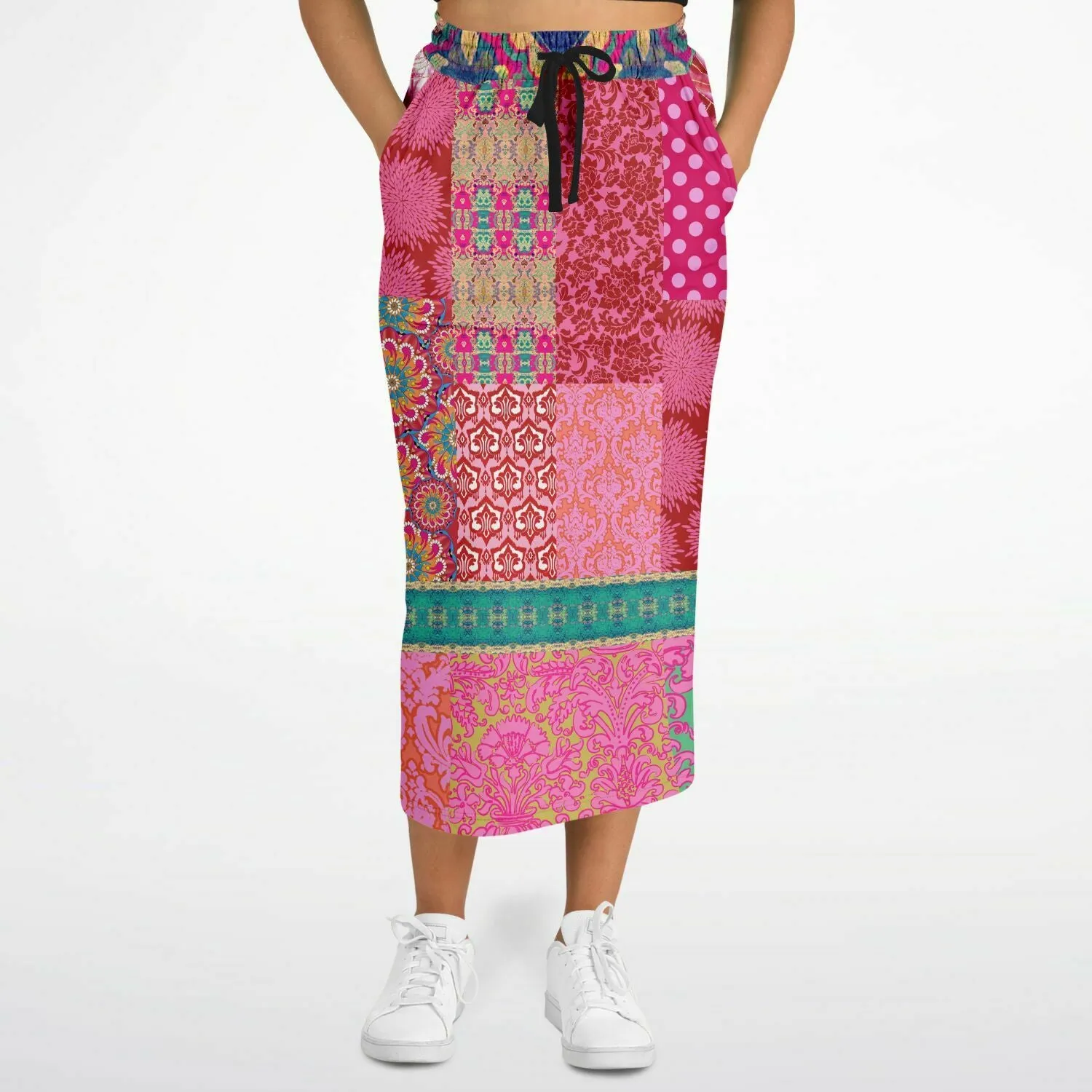 Gypsy Beat Pink Indian Floral Eco-Poly Long Pocket Skirt