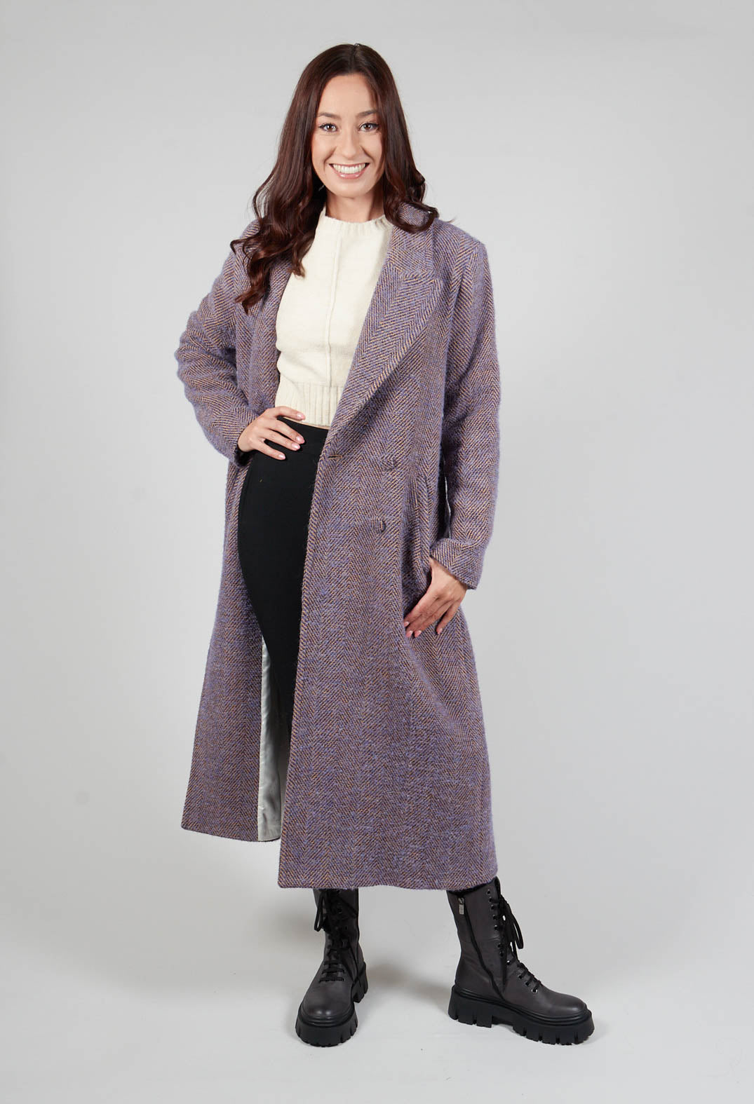 Herringbone Long Coat in Viola Purple